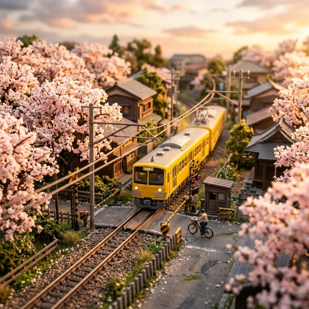 唯美的櫻花平交道鐵道模型場景