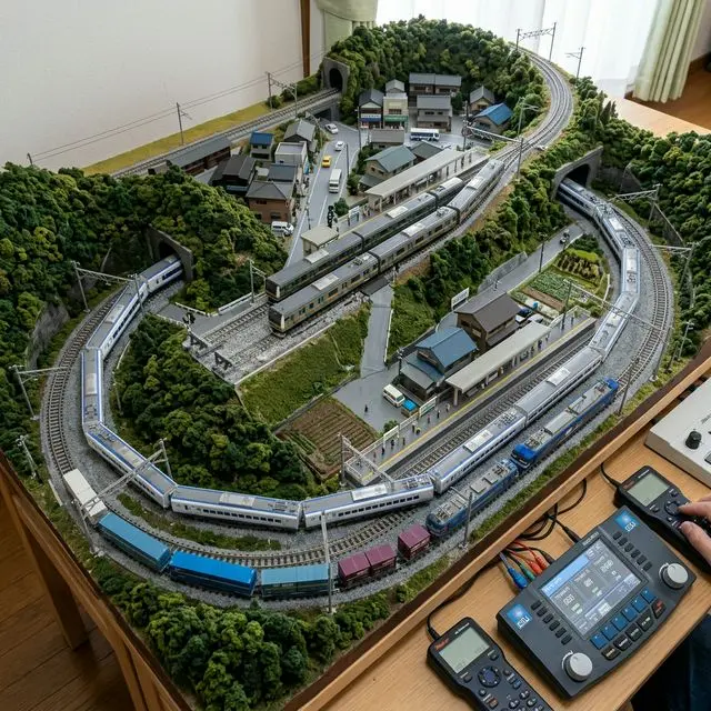 DCC 控制下三列 N 軌列車在同一軌道上獨立運行