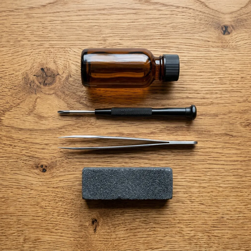 平鋪特寫桌上的鐵道維修工具：一瓶裝著透明液體的琥珀色玻璃瓶 (IPA)、十字零號精密螺絲起子、銳利的鑷子與深灰色軌道橡皮擦