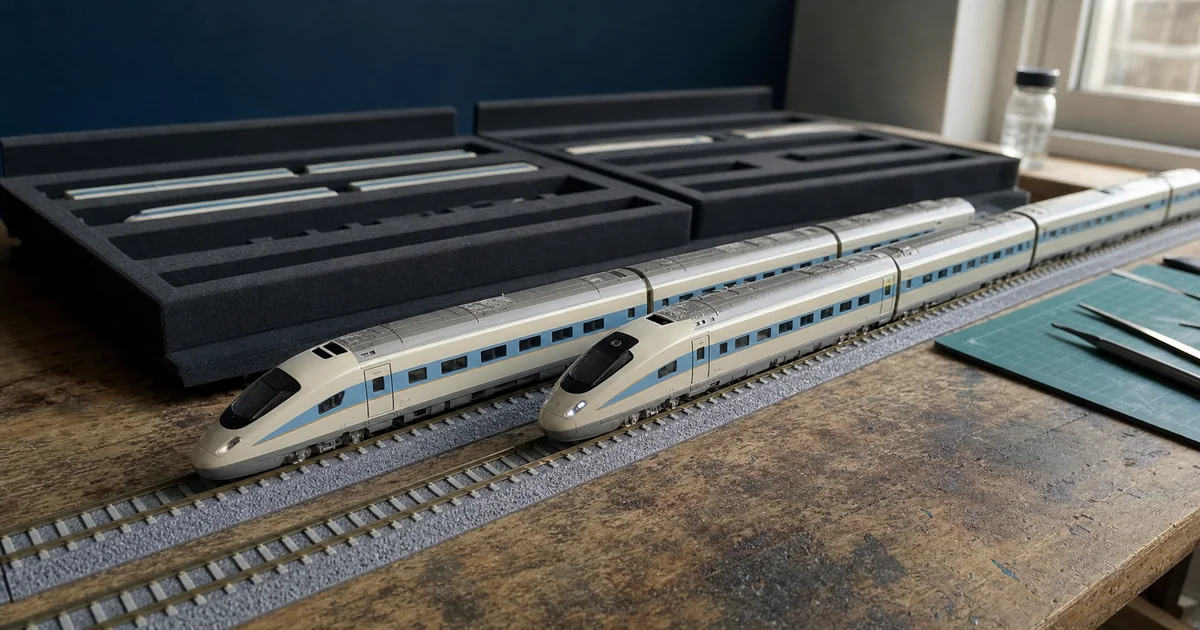 兩列米白藍銅色無品牌N規高速列車與收納盒