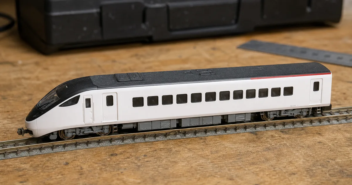 工作桌上的 KATO EMU3000 N 軌模型情境