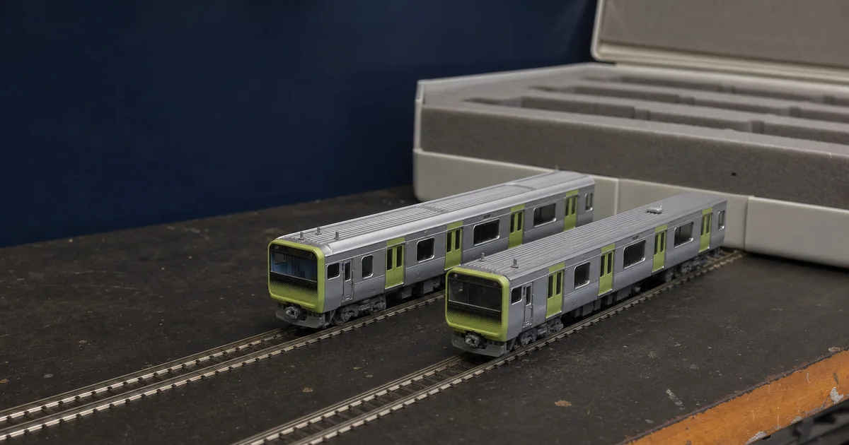 兩列綠色帶現代通勤列車模型的工作台比較情境