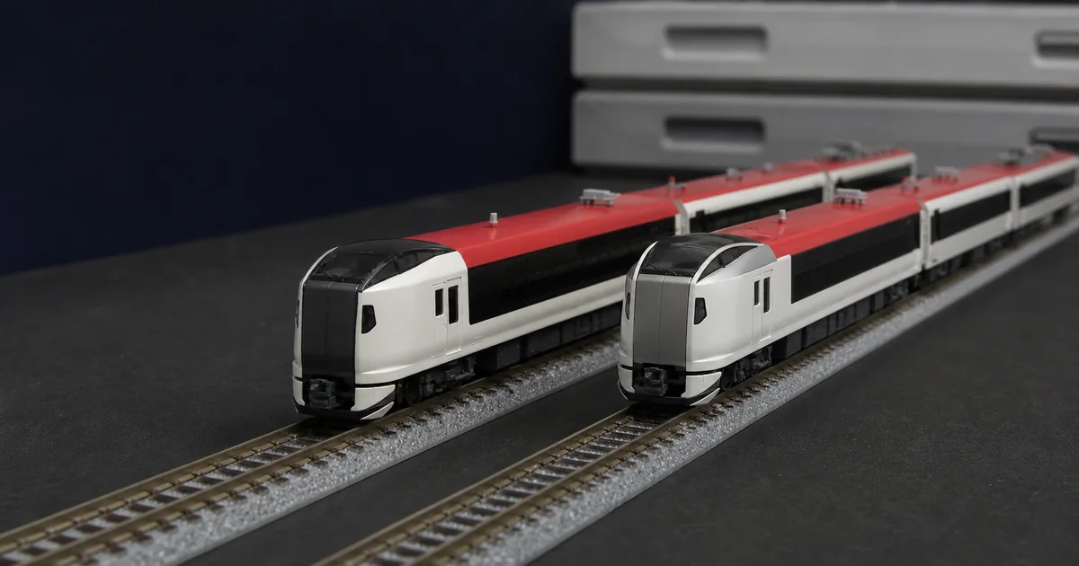 兩列不同塗裝的機場特急列車模型工作台比較情境