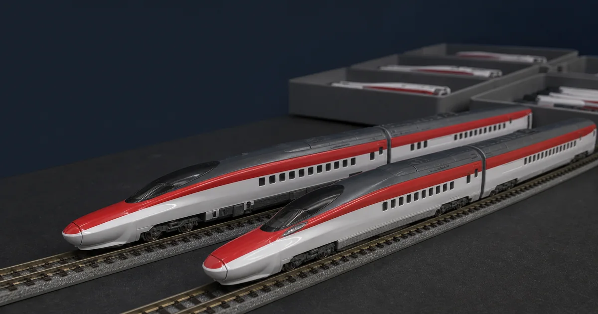 兩列紅白色細長鼻高速列車模型的工作台比較情境