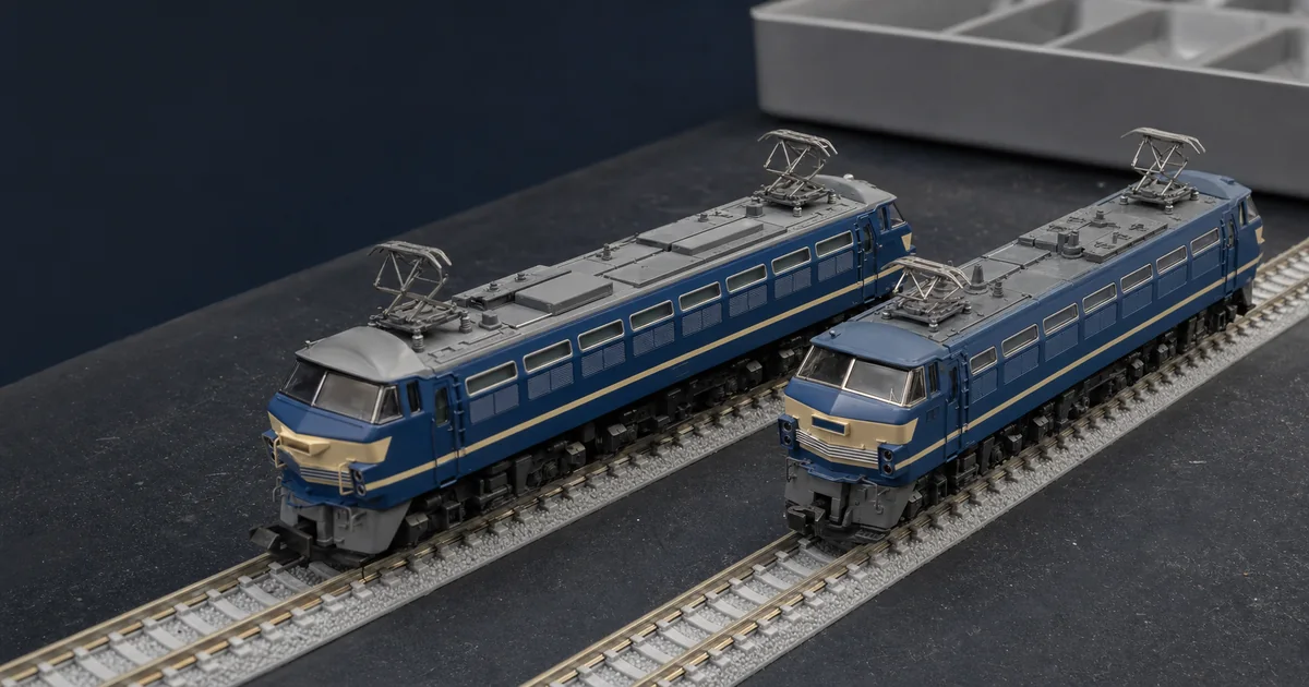 兩輛藍色與奶油色流線電力機車模型的工作台比較情境