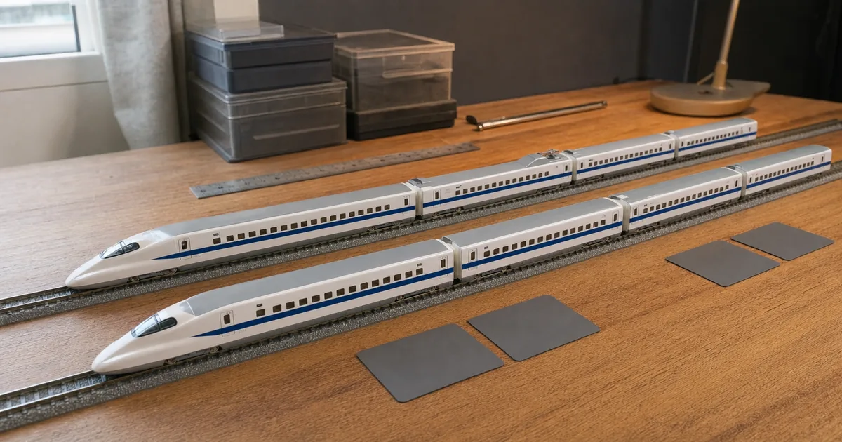 工作桌上兩組無品牌白藍高速列車與空白比較卡的編輯示意
