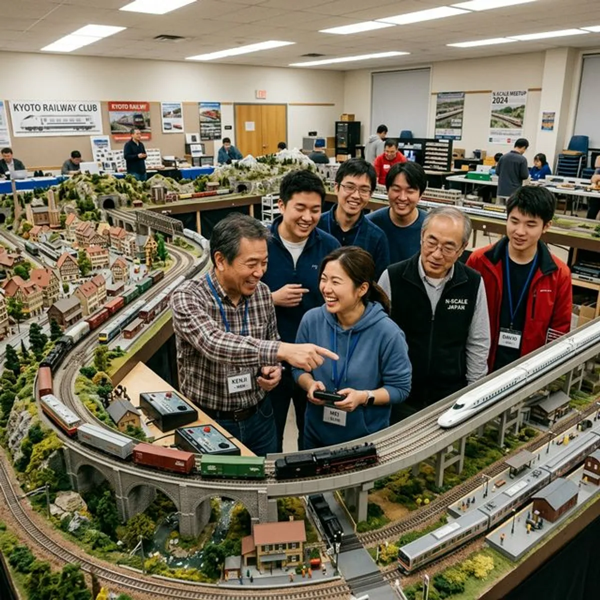 模型鐵道同好在桌面模組旁核對活動與運轉規格的情境