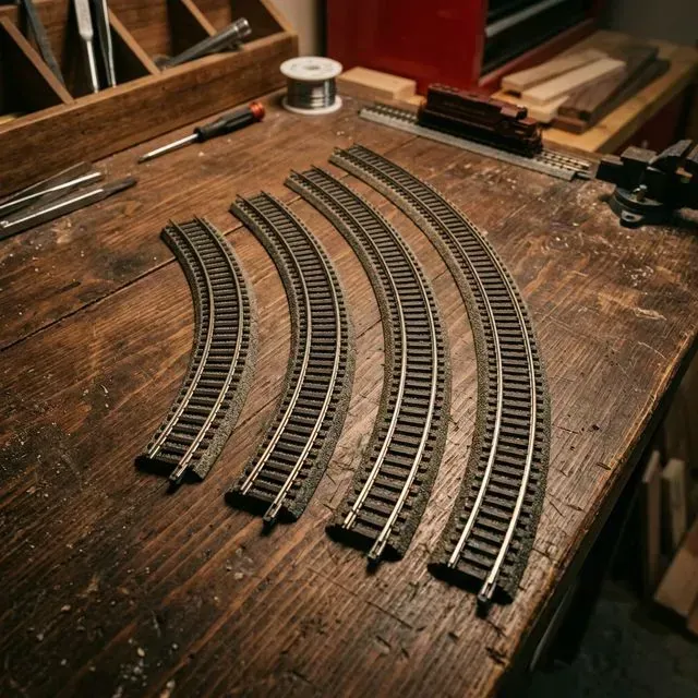 N軌不同曲率半徑的彎軌排列在深色木桌上，從急彎到緩彎