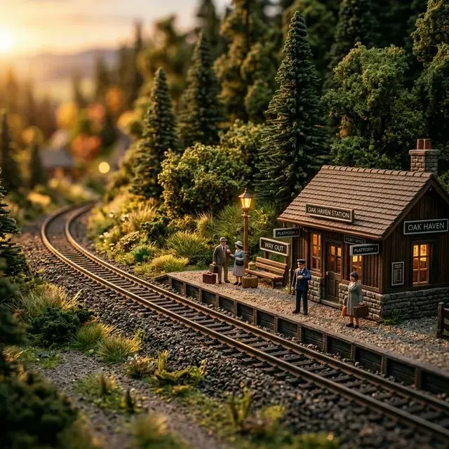 N軌場景特寫：精緻的微型樹木、小站房和人偶，溫暖的金色光線