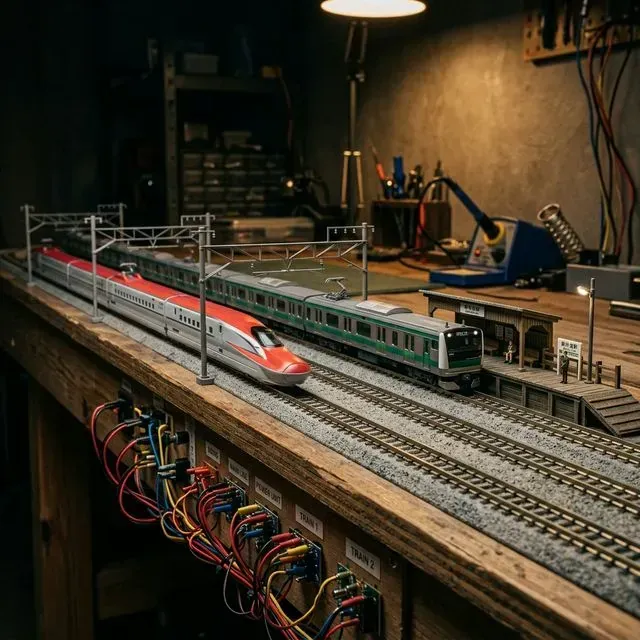 兩列日本N軌模型列車在平行軌道上運行，一列停站一列通過