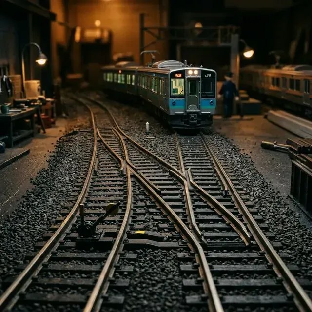 N軌岔軌特寫，列車正接近分歧點，溫暖的工作室燈光