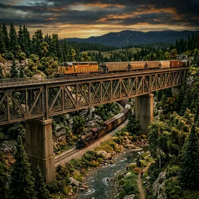 N軌模型列車通過鐵橋，下方有另一條軌道，周圍有樹木河流場景
